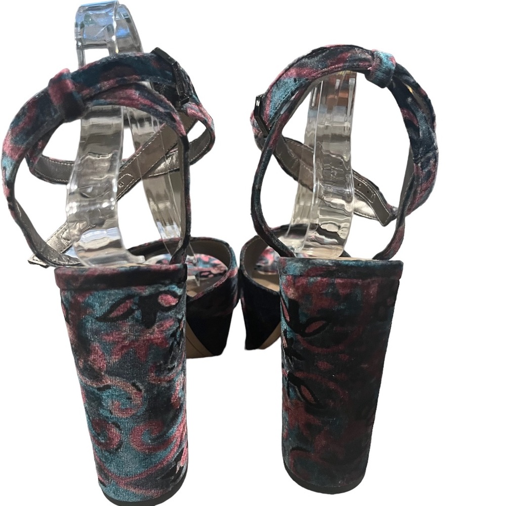 Sam Edelman Multicolor Velvet Platform Ankle-Tie Sandals - Teal, Pink, Black - Picture 4 of 10